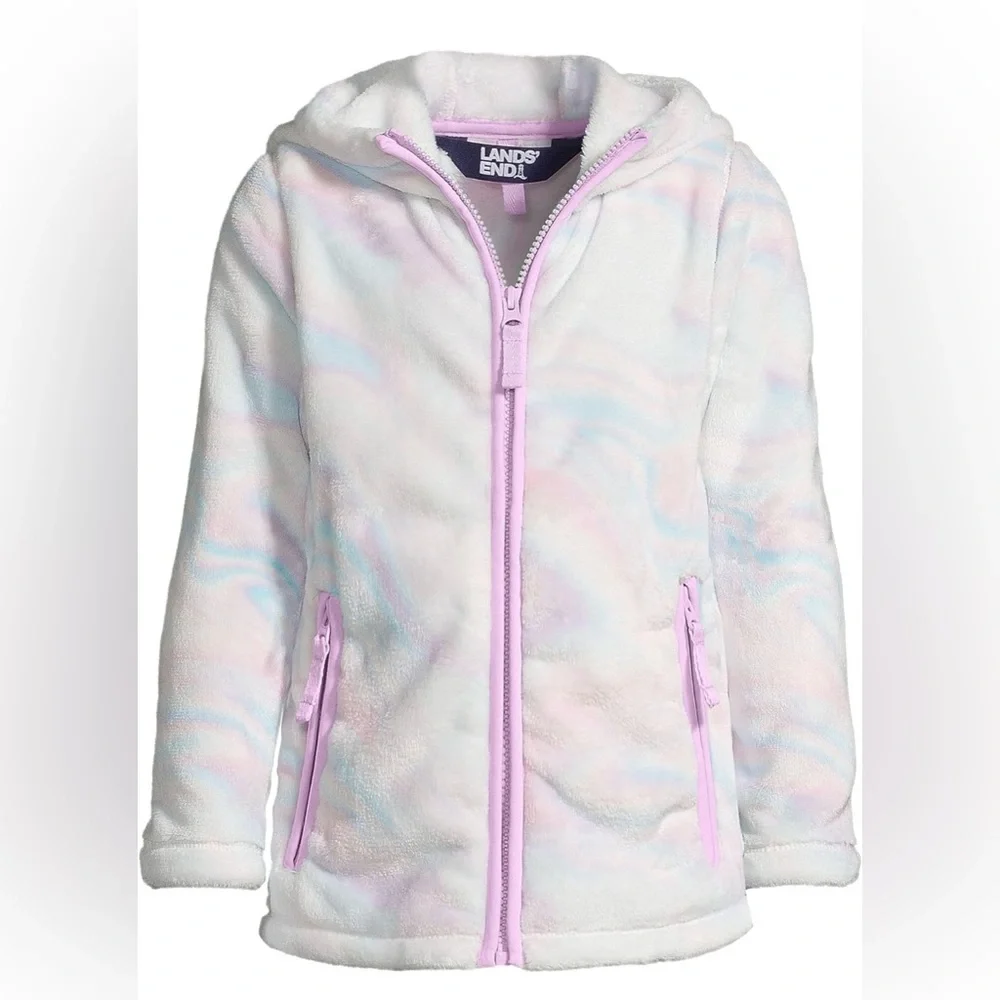 Lands' End • Girls Kids Softest Fleece White Pink Swirl Hooded Jacket M (8) NWOT - Picture 1 of 11